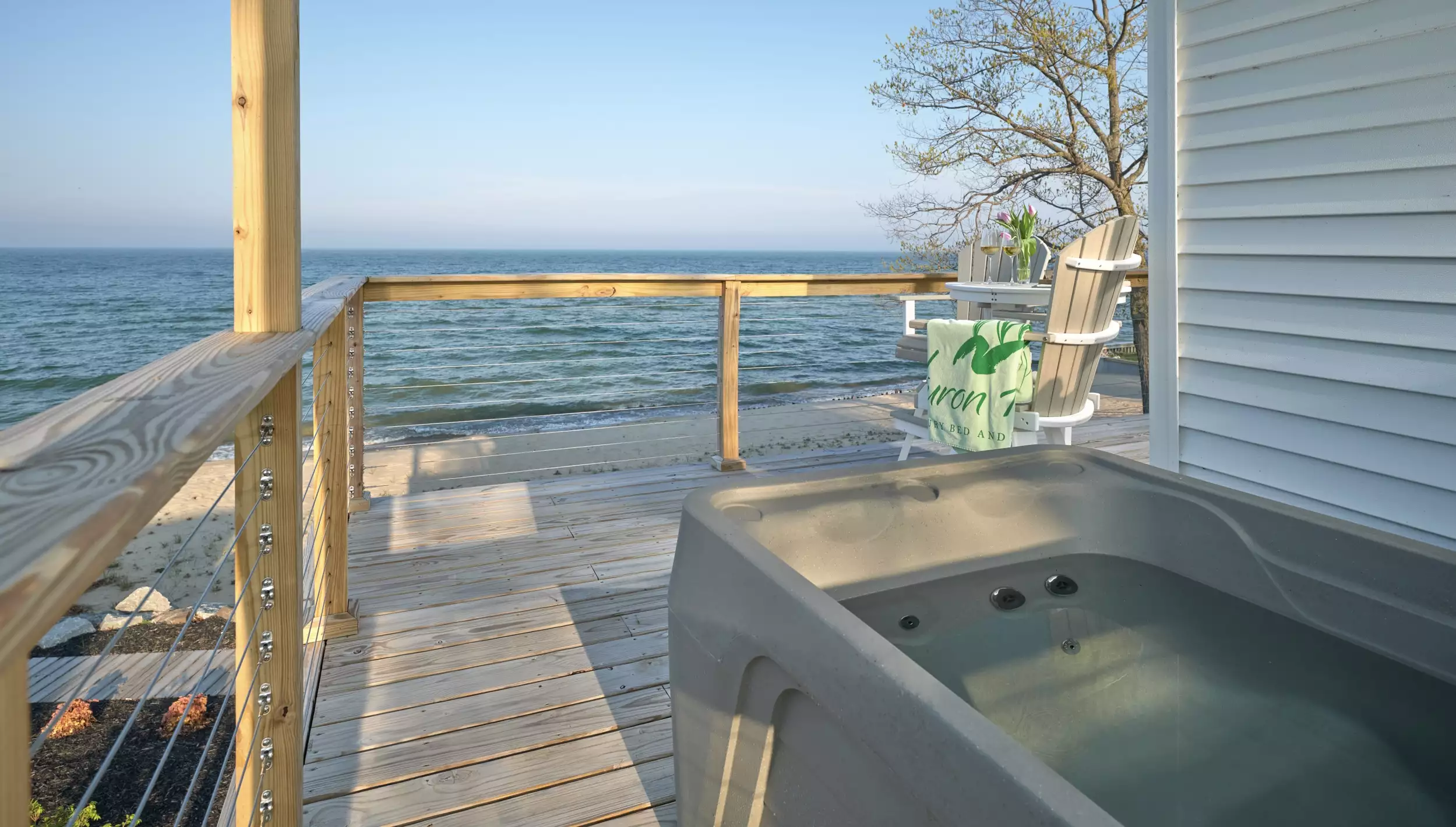 Outdoor hot tub with views of Lake Huron